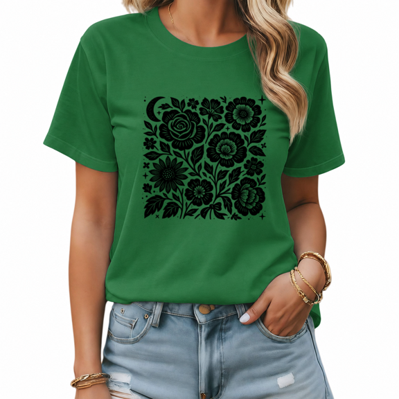 UNISHE Women Black White Moon Star Rose Wildflower Graphic Short Sleeve T-Shirt Top