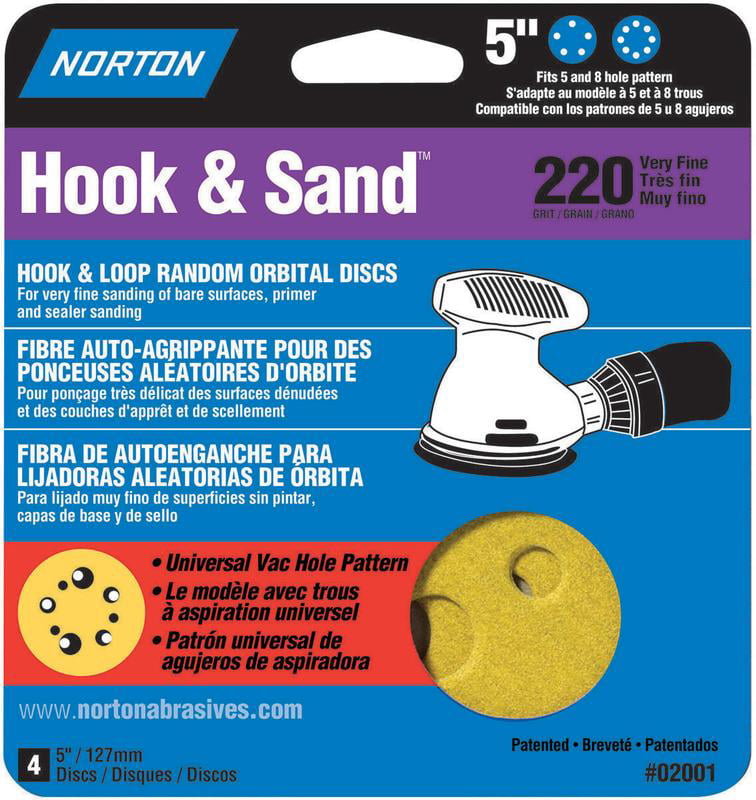 5" 8 Hole PSA Stick & Sand Sanding Discs 220 Grit Norton 50 sheets 