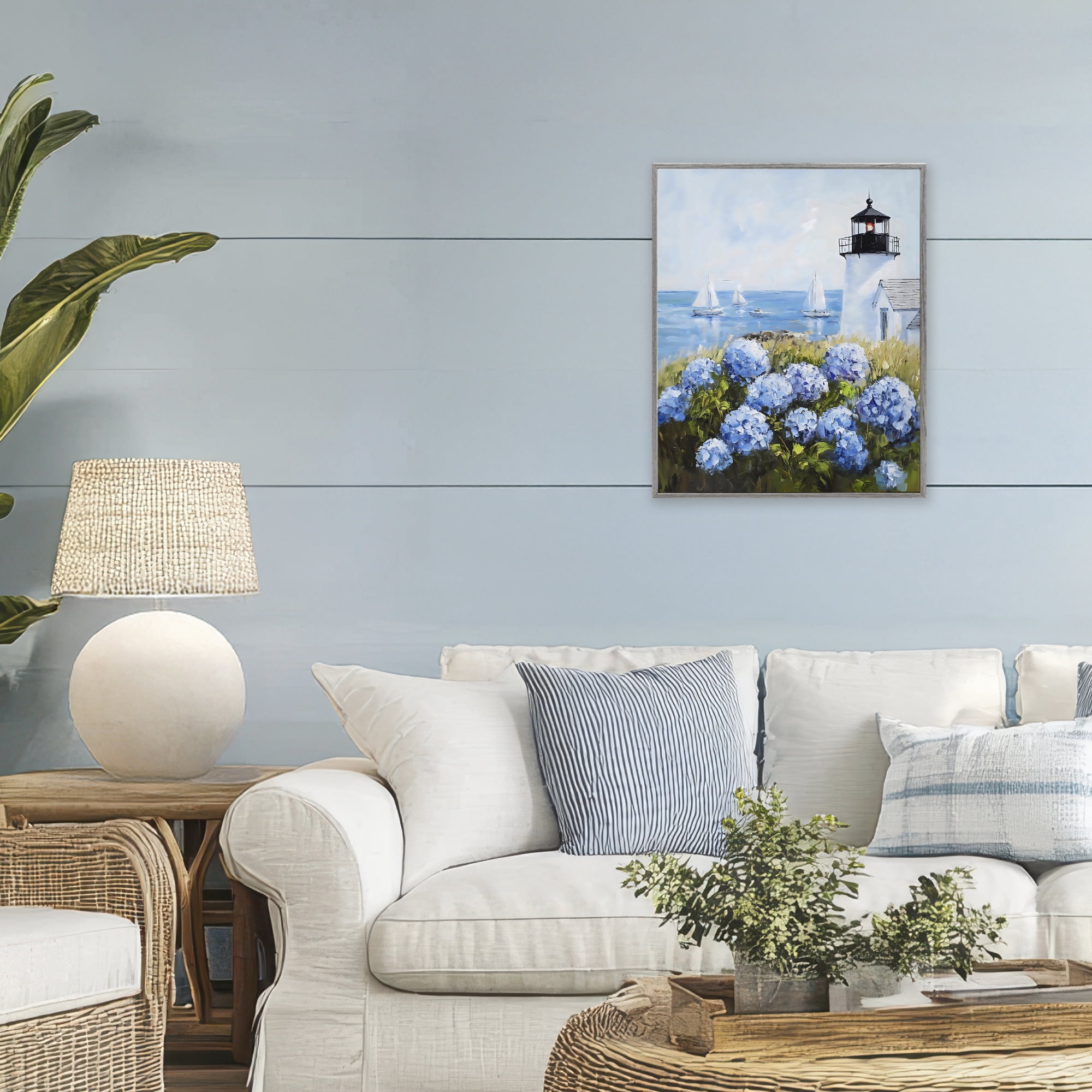 Stupell Industries Lighthouse Surrounded by Hydrangeas Gray Framed Giclee Art, design by Arlington Prints