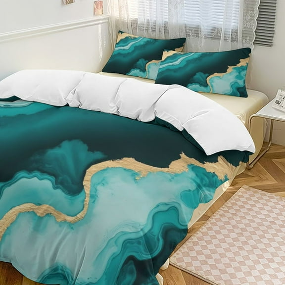 Marble Teal Gold Abstract Duvet Cover Set Bedding Set Polyester Quilt Cover for Bedroom Decoration