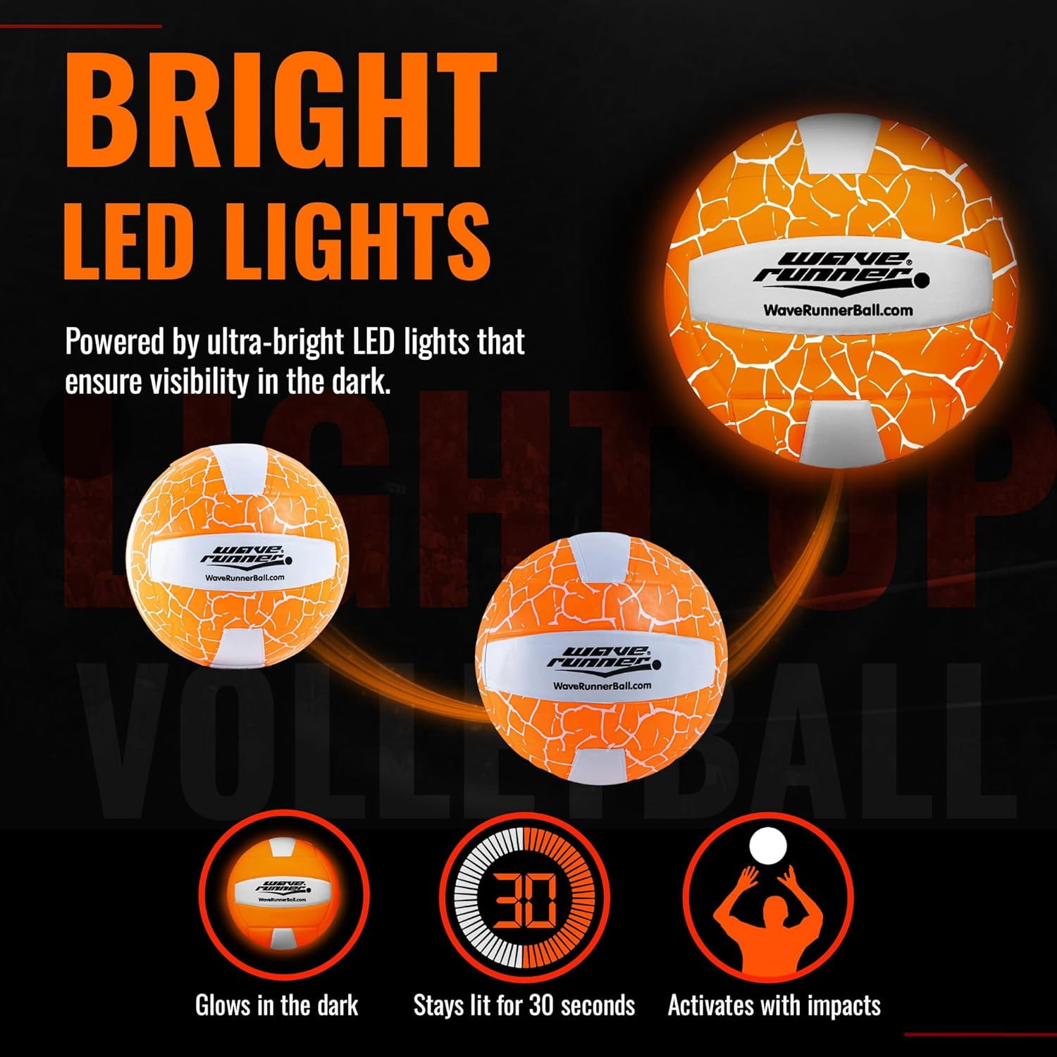 Wave Runner LED Light-Up Volleyball - Glow in The Dark, 10.35 in, Waterproof, Pump & Batteries Included, Great for Teens, Adults & Night Beach Games