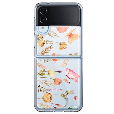 MUNDAZE Samsung Galaxy Z Flip 4 Étui de Téléphone Hybride Transparente Antichoc Peach Meadow Fleurs Sauvages Papillons Abeilles Floral