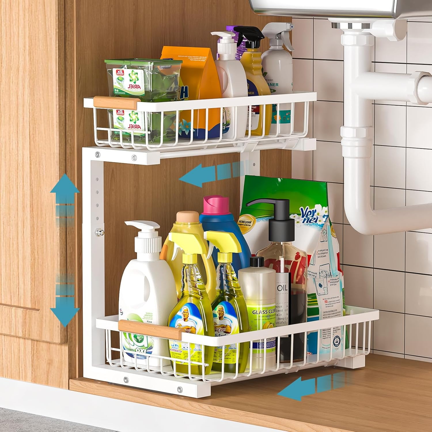 Under Sink Organizer 1 pack, 2 Tier Slide Out Under Sink Organizers And Storage, Height Adjustable Pull Out Cabinet Organizer Drawers, Kitchen Bathroom Metal Sink Storage Shelves