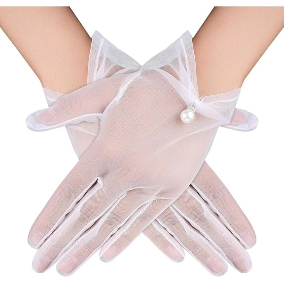 White Bridal Lace Gloves Elegant Short Tea Party Gloves Wrist Banquet Gloves With Pearl For Wedding Dinner Prom Party