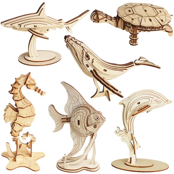 Juego de rompecabezas 3D de madera con forma de animal marino, 6 piezas, i-Chony para niños y adultos