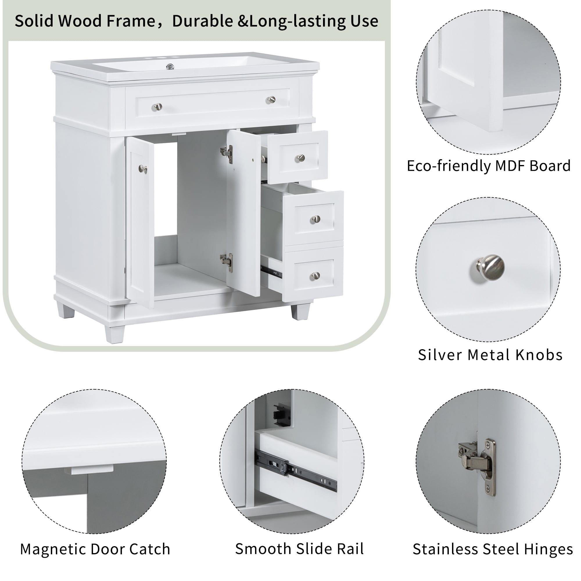 Euroco 30" Bathroom Vanity Cabinet with Sink Combo Set, Undermount Resin Sink, Free Standing Vanity Set with 2 Drawers& Soft Closing Doors, Solid Wood Frame Bathroom Cabinet, White