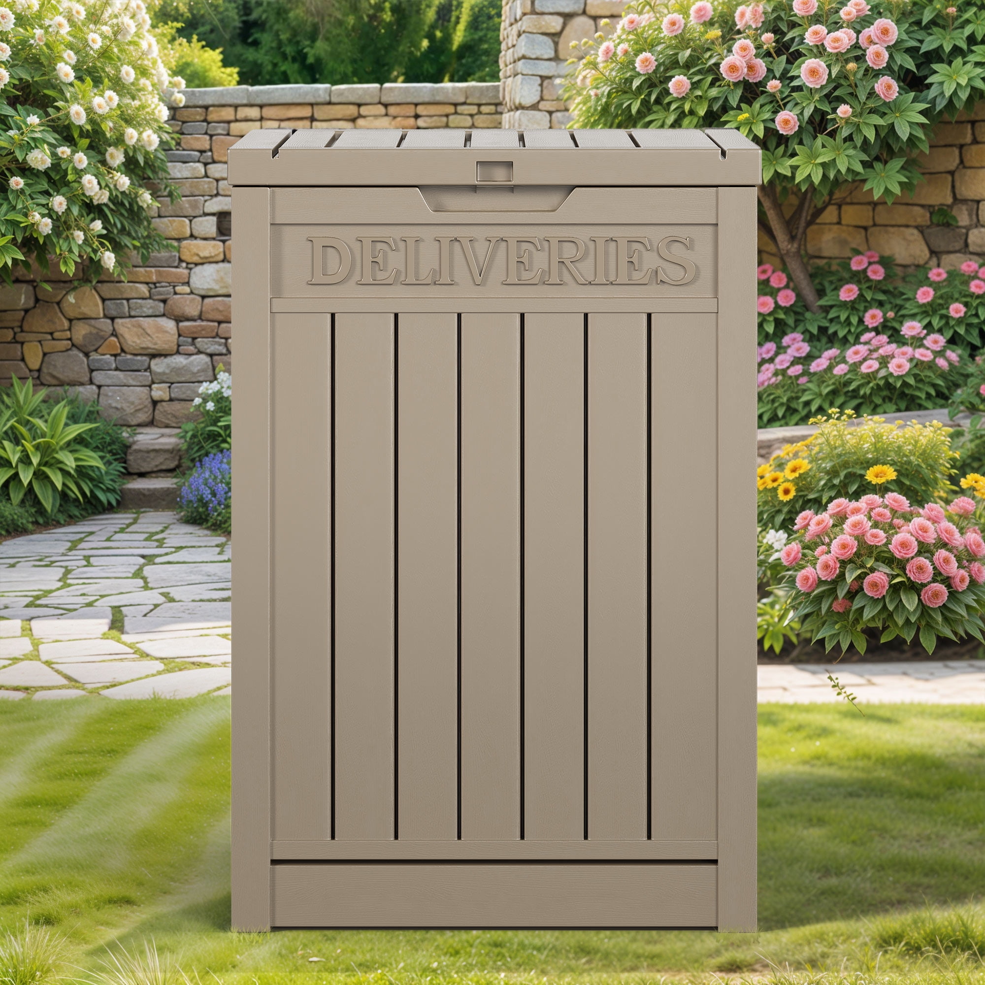 Uforic 51-Gallon Large Outdoor Resin Package Delivery Storage Box, Waterproof Deck Box for Porch or Curbside, Lockable, Light Brown