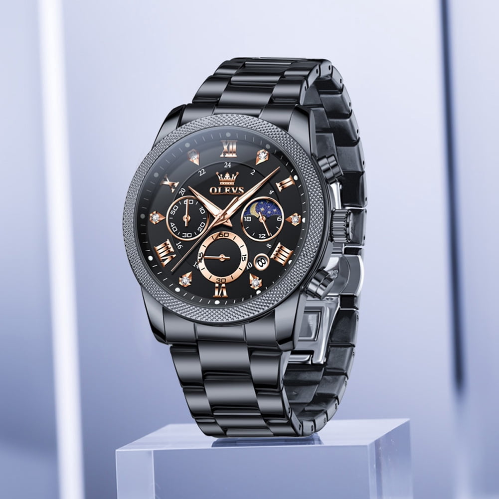 OLEVS Chronograph Watches for Men Fashion Dress Analog Quartz Moon Phase Stainless Steel Waterproof Luminous Date Luxury Mens Wrist Watches Reloj Para Hombre Rose/Black