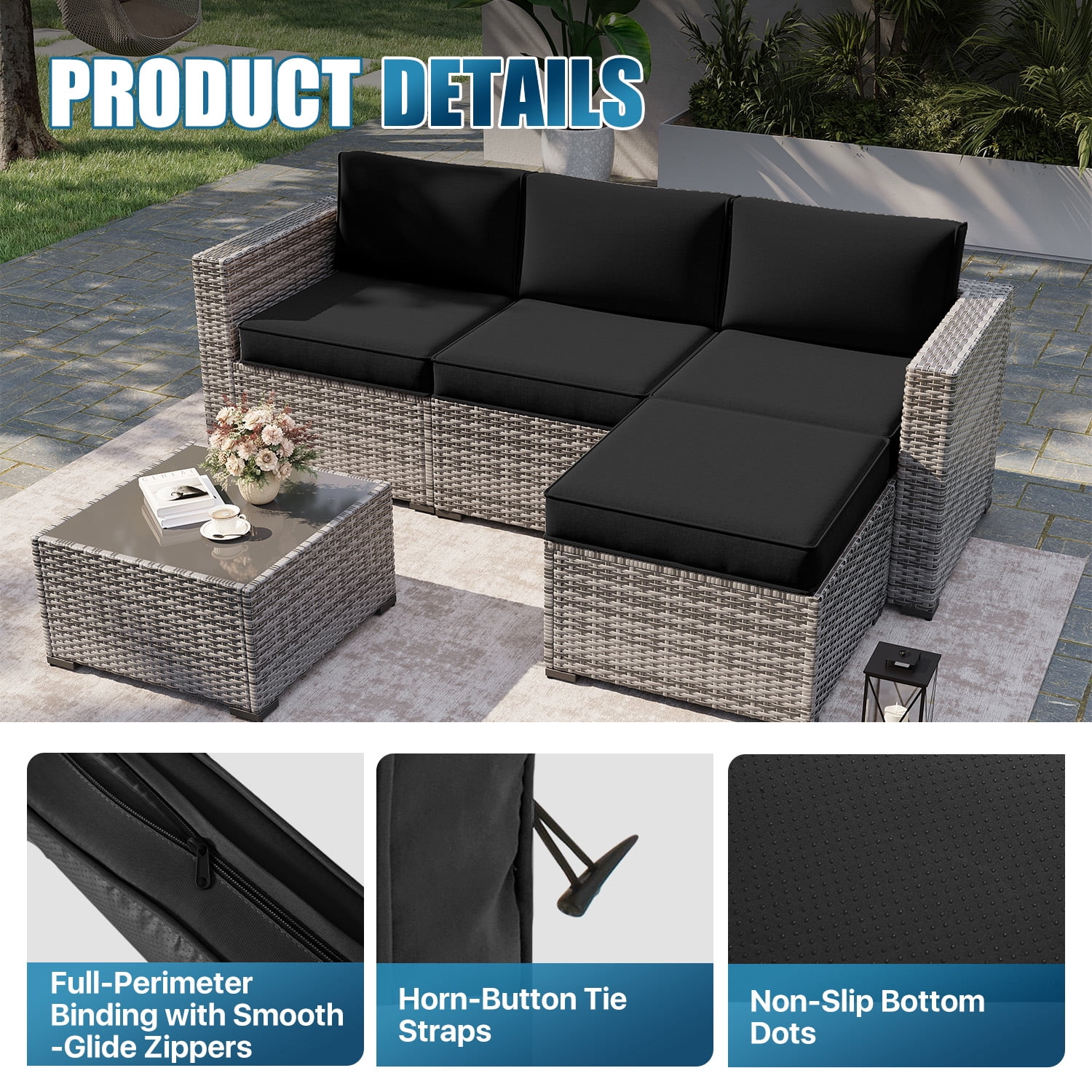 Clouddwell 7-Piece Premium Outdoor Cushion Set, High-Resilience Waterproof Cushions for 4-Seat Wicker Sectional(Black)