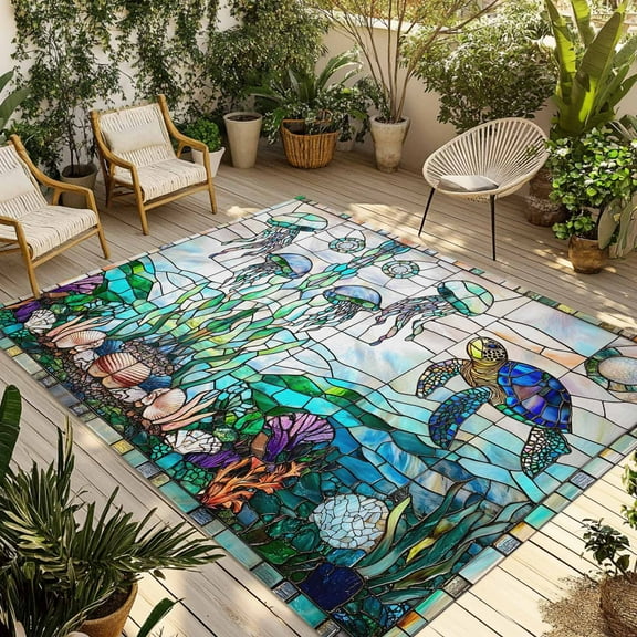 Fsddascl Summer Sea Turtle Outdoor Rug for Patio/Deck/Porch, Non-Slip Large Area Rug 4 x 6 Ft, Stained Glass Ocean Jellyfish Coral Indoor Outdoor Rugs Washable Area Rugs, Camping Rug Carpet