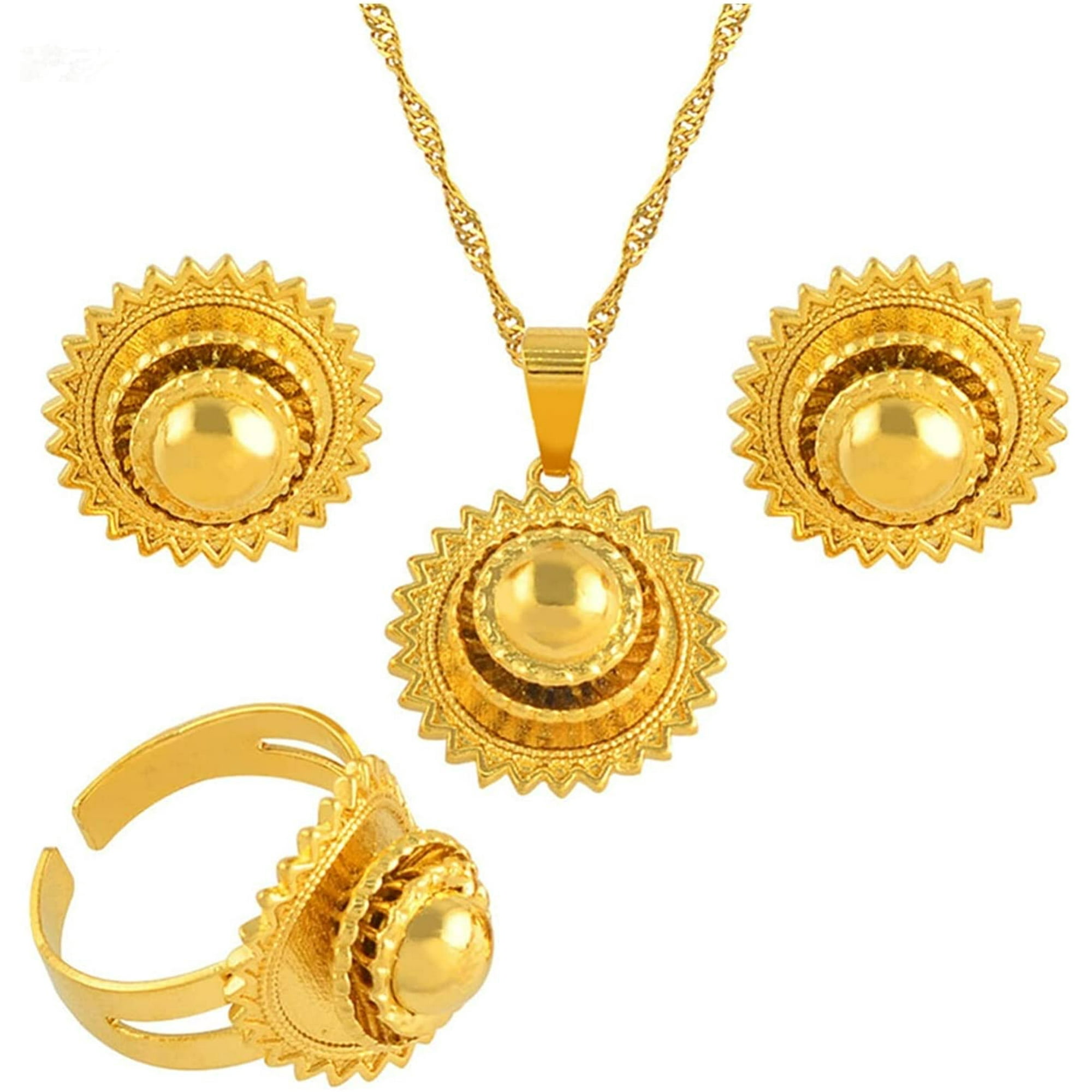 Attoe Ethiopian Small Set Jewelry Necklace Earrings Ring Gold Color African Bridal Sets Habesha Eritrea Wedding Sudan Length 60cm Thin Chain Ring
