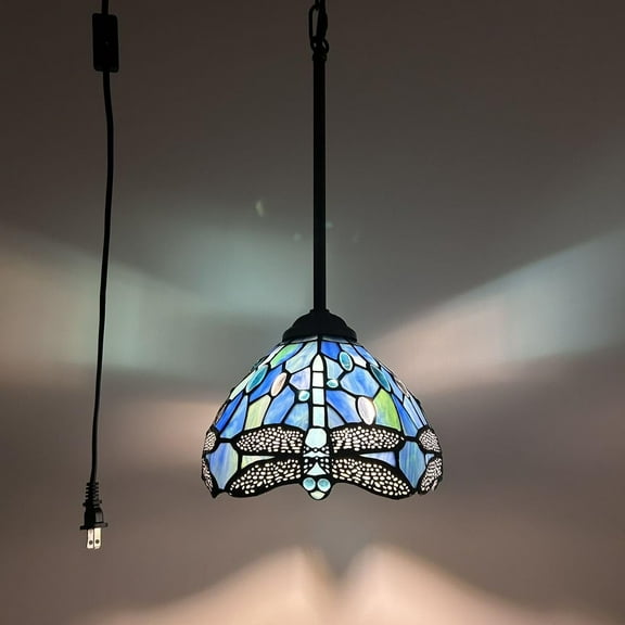 Tiffany Mini Hanging Lights Plug In Blue Stained Glass Dragonfly LED Bulb Included 8”W*8”D*60”H