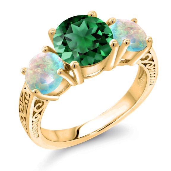 Gem Stone King 3.65 Cttw Green Simulated Emerald and White Simulated Opal 18K Yellow Gold Plated Silver Ring for Women | Gemstone Birthstone | Round 8MM and 6MM (Size 8)