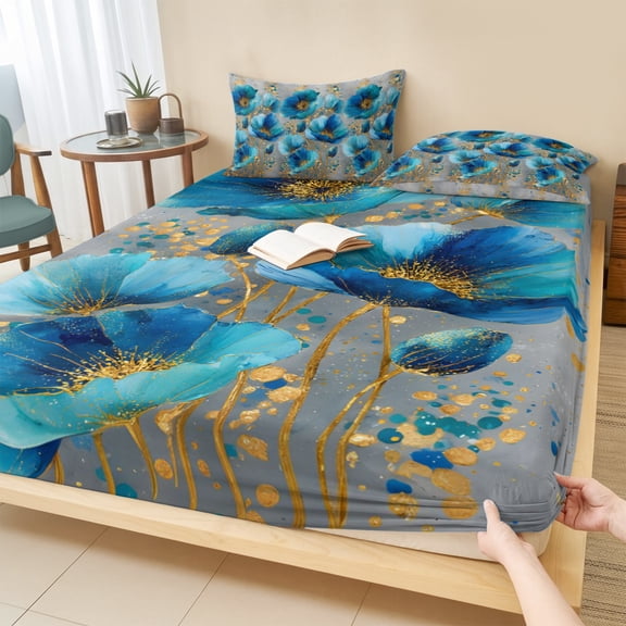 Twin Sze Fitted Sheet Set - Teal Blue Poppy 2 Piece Bedding Sets 16" Deep Pocket Fitted Sheet with 1 Pillowcase, Vintage Elegant Flowers Blossom Botanical Brushed Microfiber Hotel Luxury Bed Sheets