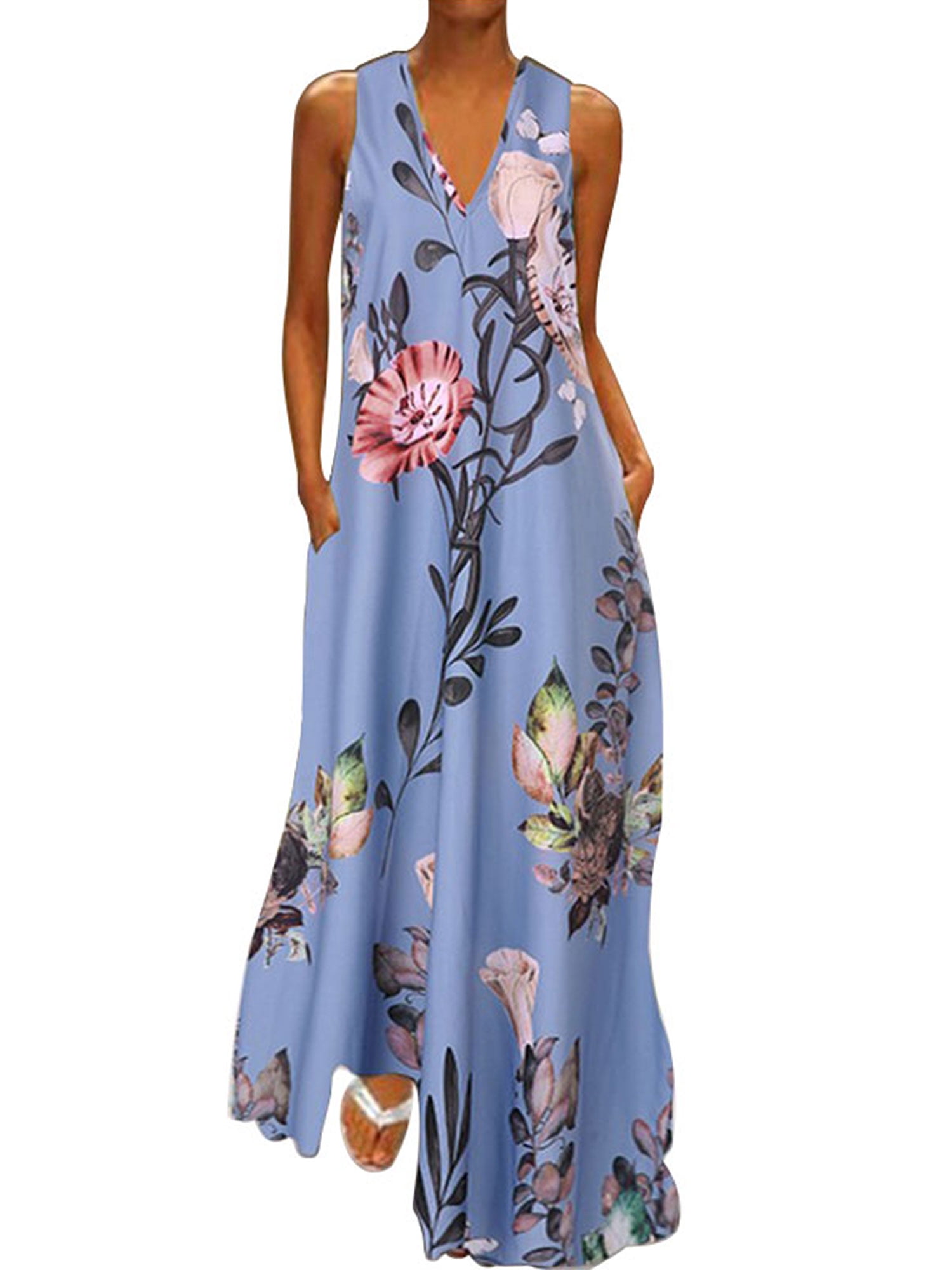 Womens Summer Boho Sleeveless Floral Print Tank Long Maxi Dress Party Dresses Ethnic Style Plus Size with Pockets 