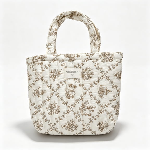 omlopp Quilted Cotton Handbag, Small Floral Shoulder Tote Bag for Work and College