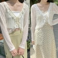 thumbnail image 5 of Women Summer Long Sleeve Lace Shrug Tie Knot Front Striped Mesh Cropped Cardigan Beachwear Ruffle Trim Solid Color Sheer Cover Up for Jacket, 5 of 19