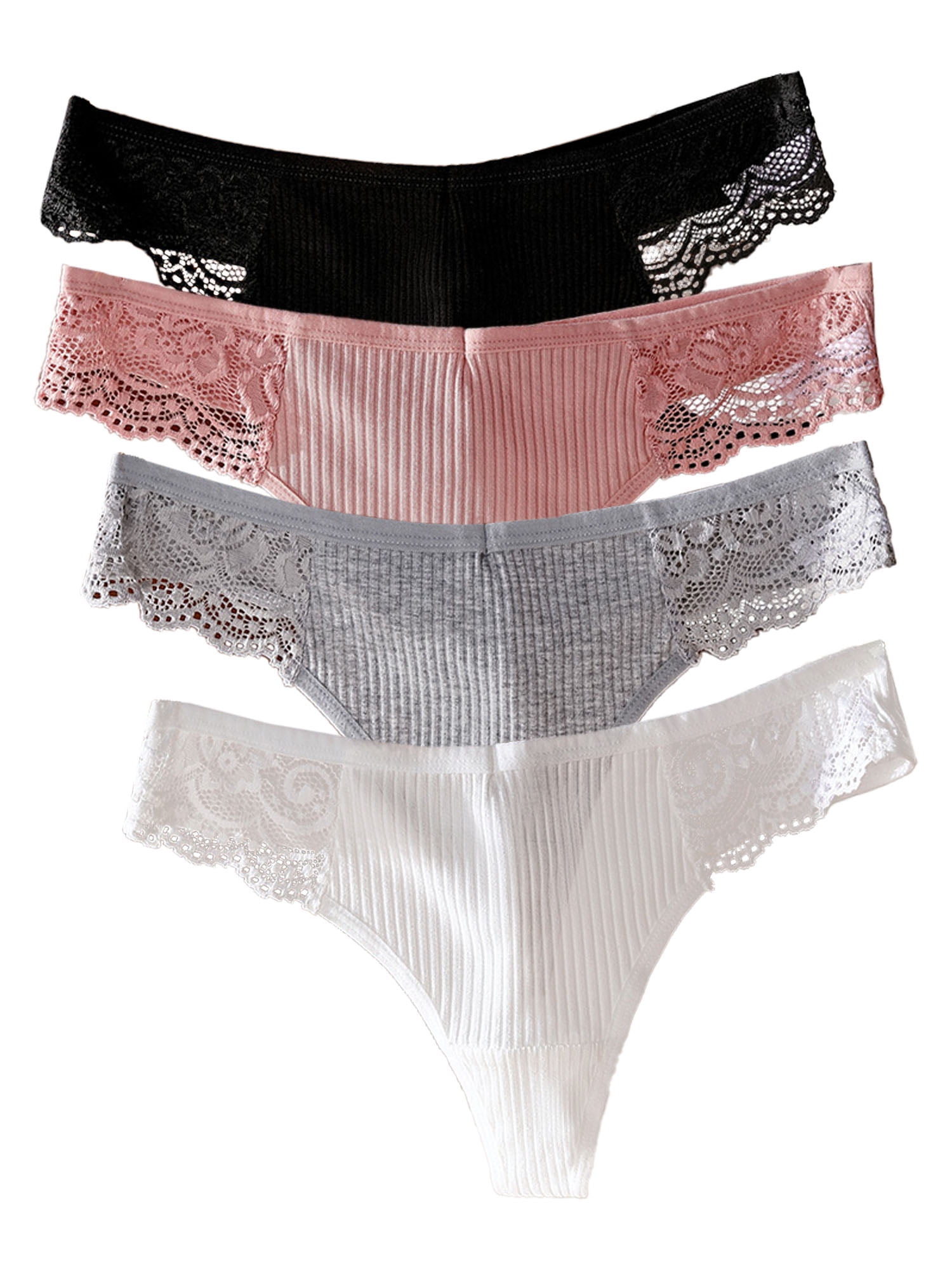BeautyIn Women's Cotton Thongs Underwear Lace Trim Panties Pack of 4