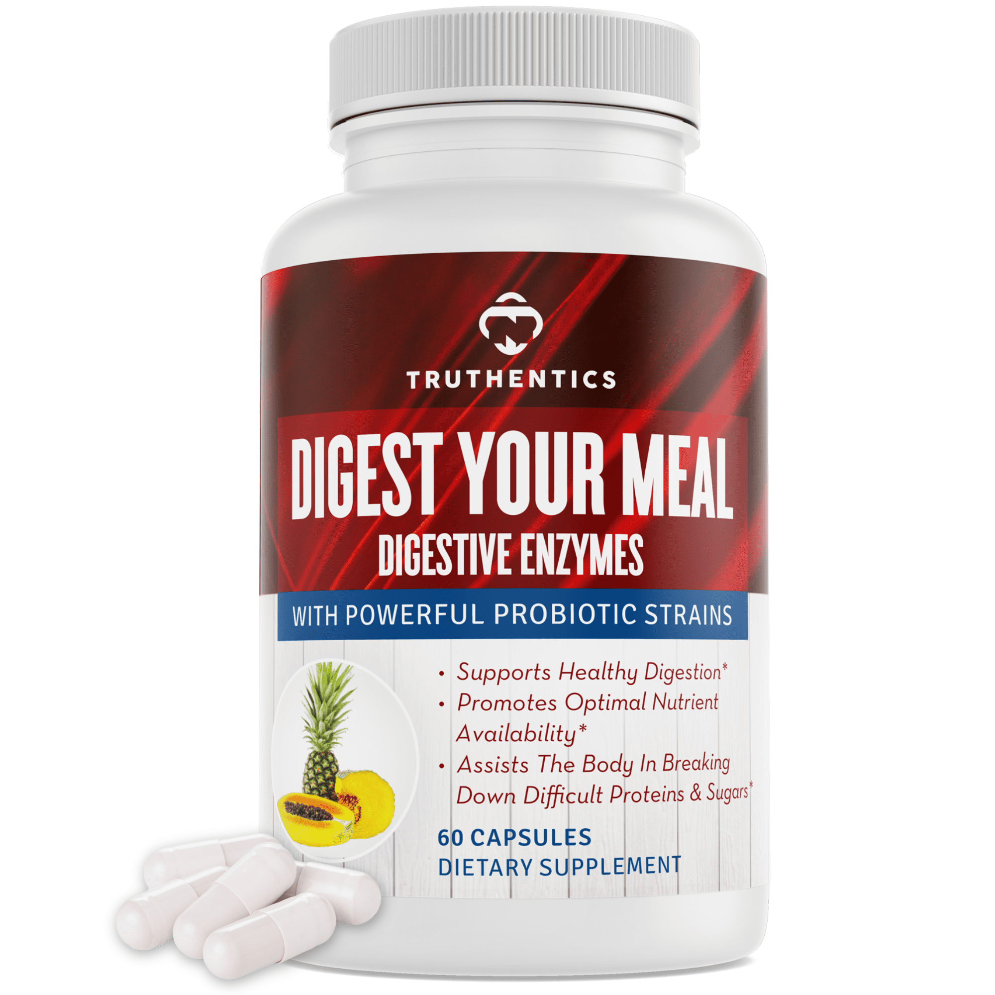 Truthentics Digestive Enzymes plus Probiotics, with Bromelain and Acidophilus, for Digestive & Gut Health, Occasional Gas Bloating & Constipation - 60 Capsules