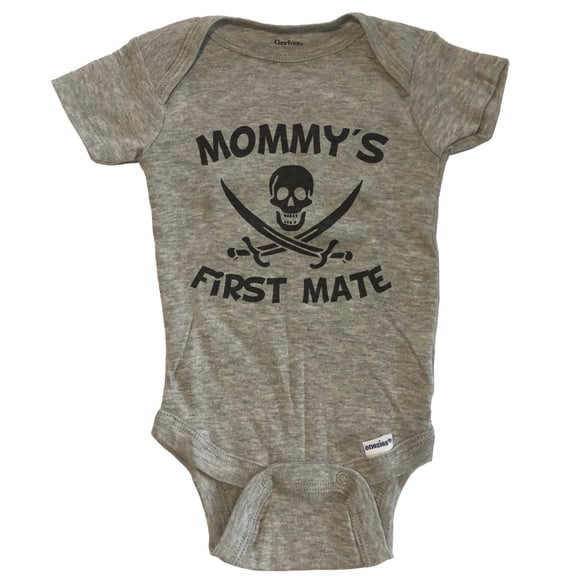 Mommy's First Mate Funny Pirate Baby Bodysuit - Grey