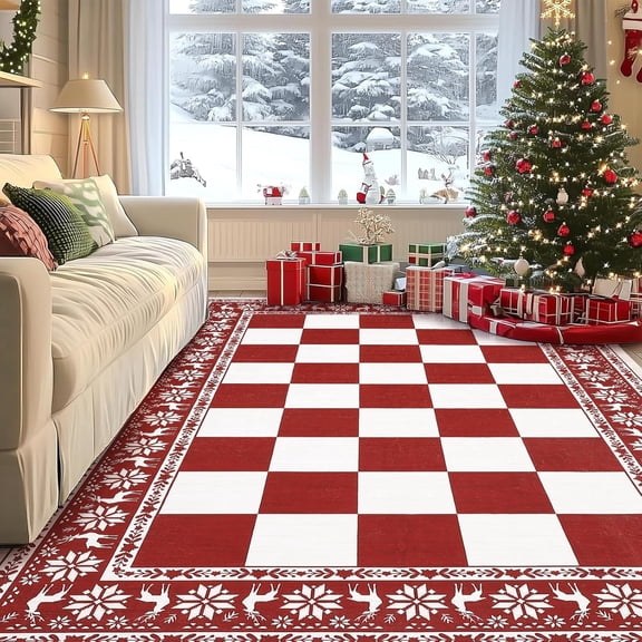 Area Rugs 9x12 Living Room, Checkered Christmas Rugs for Holiday Decor, Non Slip Low Pile Washable Rug for Home, Red