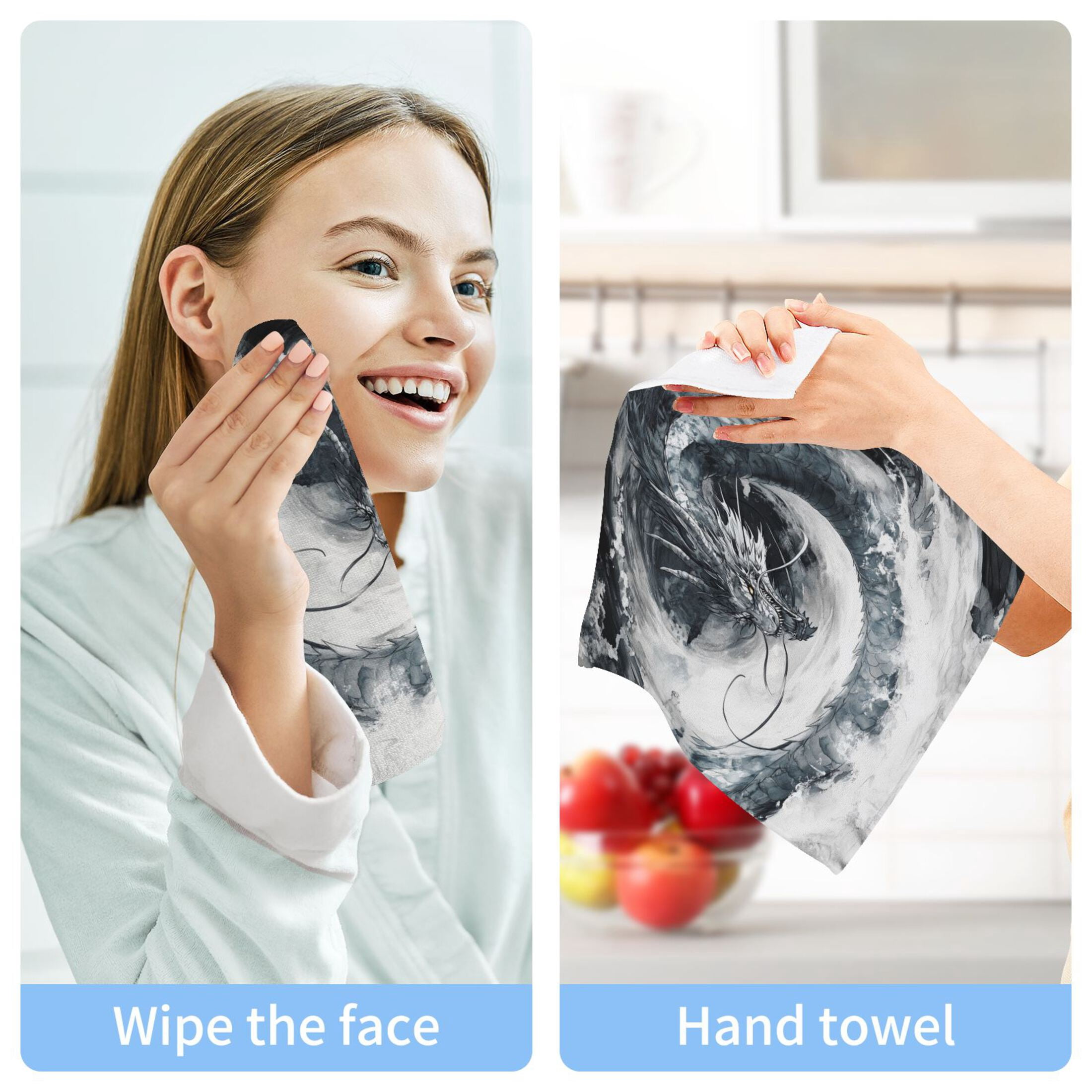 Gray Dragon 100% Cotton Face Towel 12x12in Soft Absorbent Washcloth Durable Printed Hand Towels for Bathroom Travel 6 Pcs