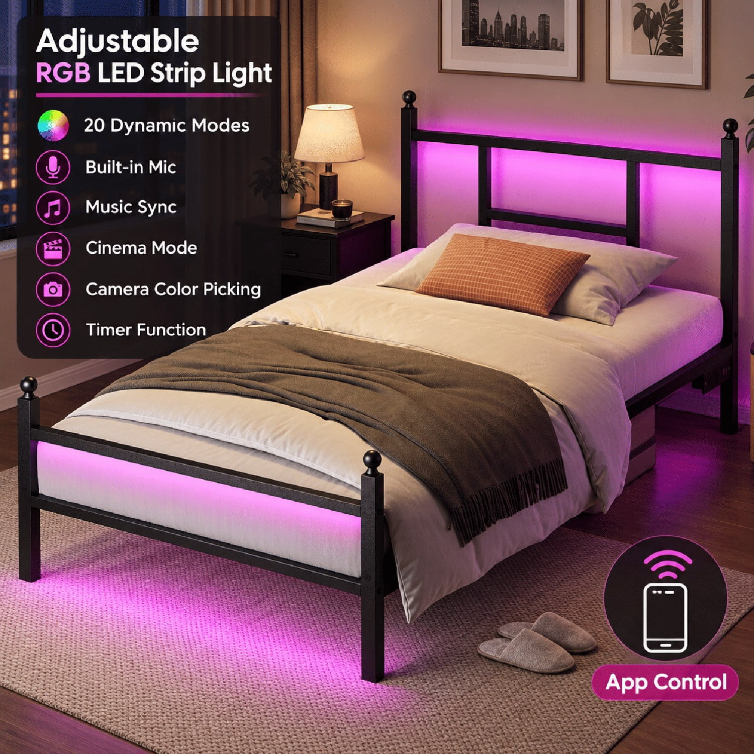 Twin Bed Frame with RGB LED Lights and Charging Station, Metal Platform Bed with Headboard and Footboard, 2 Outlets and 2 USB Ports, No Box Spring Needed, 500 lbs Capacity