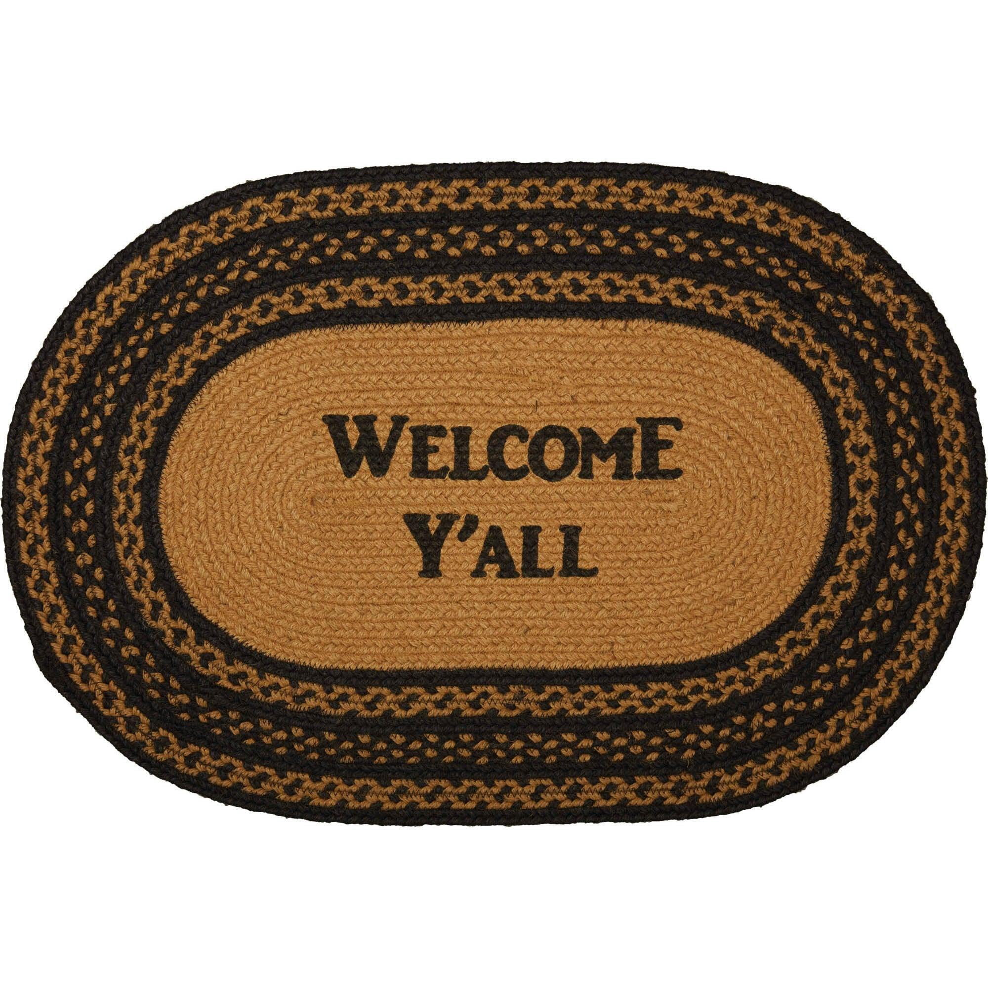 VHC Brands Farmhouse Jute Black Stenciled Accent Rug Oval Welcome Y'all w/ Floor Pad 20"x30"