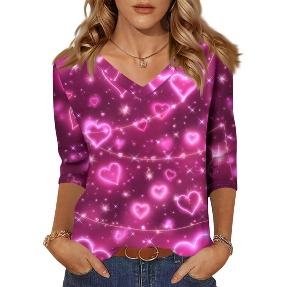 Dresfit Mardi Gras Shirts for Woman V Neck Graphic Parade Tunic Top 2026 Slim Fit 3/4 Sleeve Party Blouse Funny Holiday T-Shirt Hot Pink 2XL