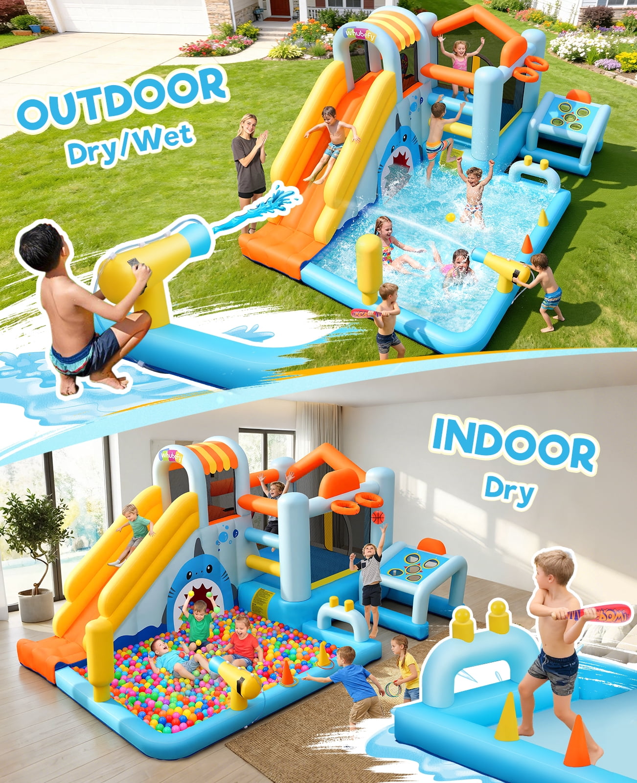 Adnoom 14 in 1 Inflatable Bounce House for Big Kids, Indoor Outdoor Water Slide with Large Pool, 480W Blower, Obstacle Bouncy House with Golf, Water Cannon for Backyard Party Kids 3~12