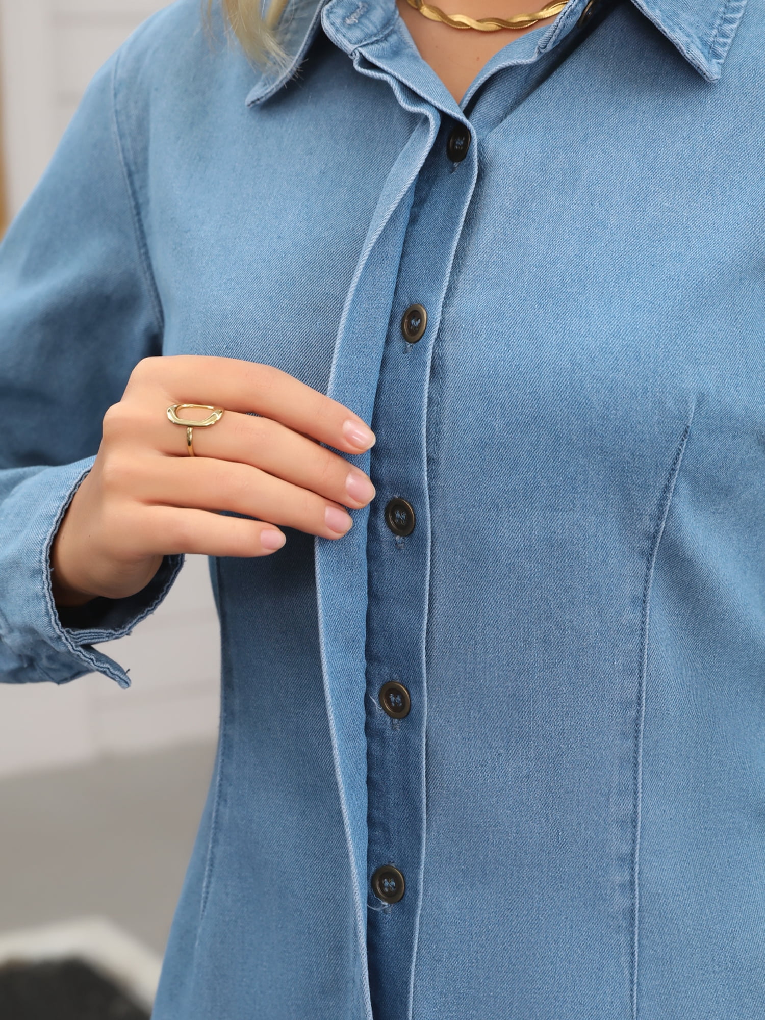 DARING DIVA Women's Long Sleeve Point Collar Fitted Button Down Denim Shirt M Blue