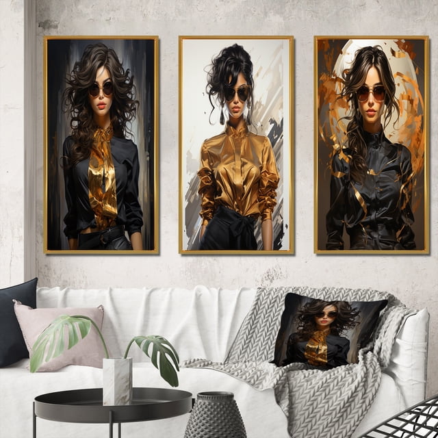 Designart "Black and Gold High Fashion Model II" Fashion Woman Framed Wall Art Set Of 3 - Gold Glam Frame Canvas Set For Living Room Decor