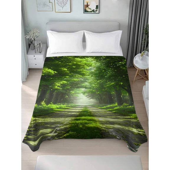 Green Trees Full Size Flat Sheet, Wrinkleproof & Fadeproof Cooling Flat Bed Sheet Only, Forest Art Decor Spring Summer Nature Leaf Breathable Soft Bedding Top Sheets 81 x 96 Inches