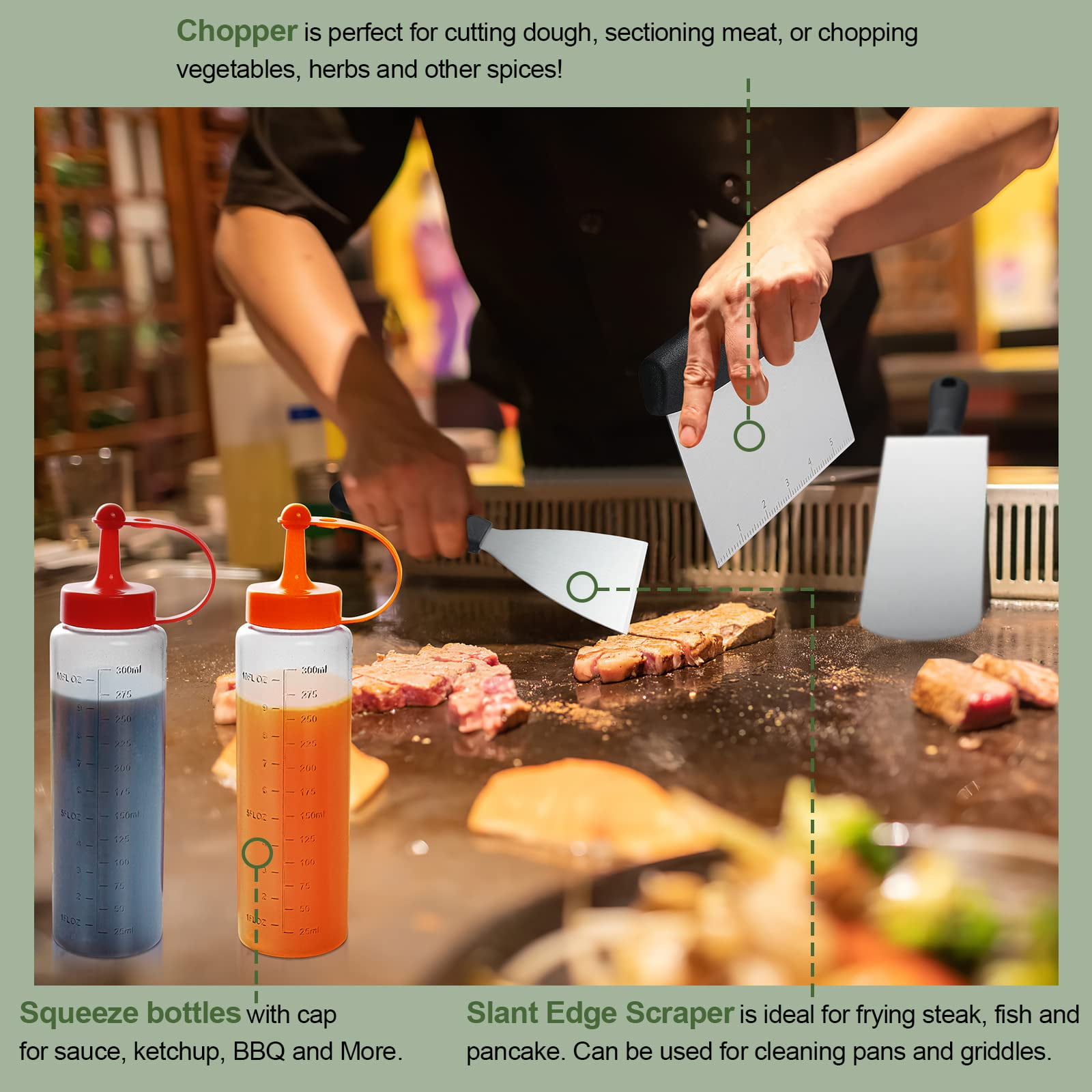 Mibote Stainless Steel Griddle Accessories Kit with Spatula, Scraper, Basting Cover & Grill Tools