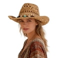 thumbnail image 3 of Gustave Straw Cowboy Hat for Men Women Western Cowgirl Sun Hat Shapeable Wide Brim Hollow Out Summer Beach Hat with Decorative Band - Coffee, 3 of 7