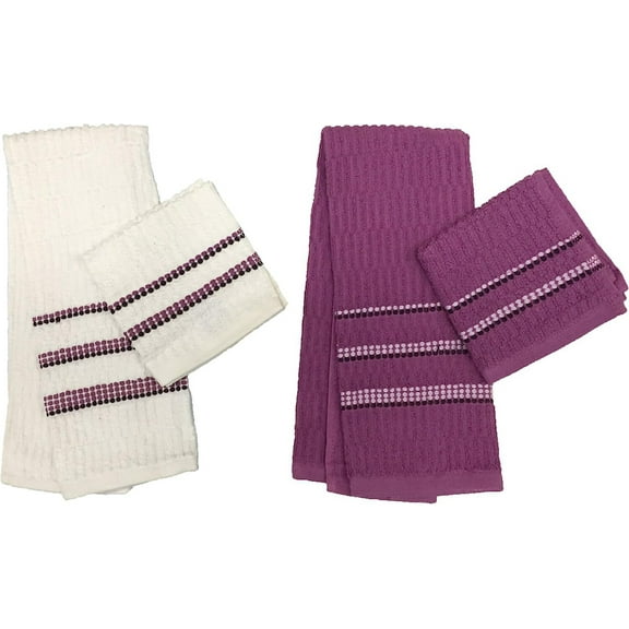 Set of 4, 100% Ribbed Terry Kitchen Towel 2 Hand Towel : 16 X 28 inch, 2 Washcloths : 12 x 12 inch, Soft and Ultra-Absorbent.
