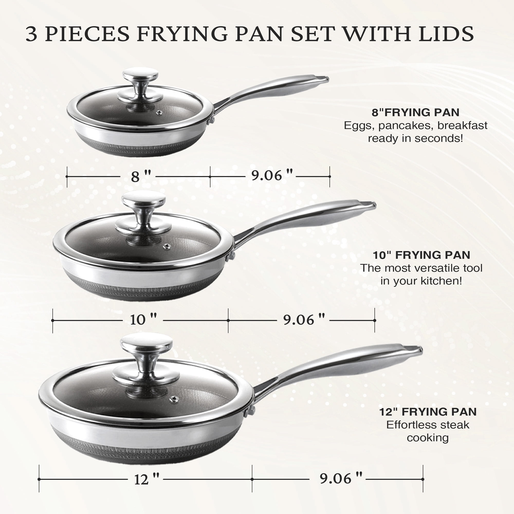KITEXPERT Nonstick Frying Pans Set, 6 Pcs (8, 10, 12") Skillet with Lid, Non-Toxic Titanium Ceramic Pan, Dishwasher & Oven Safe, All Cooktops Compatible