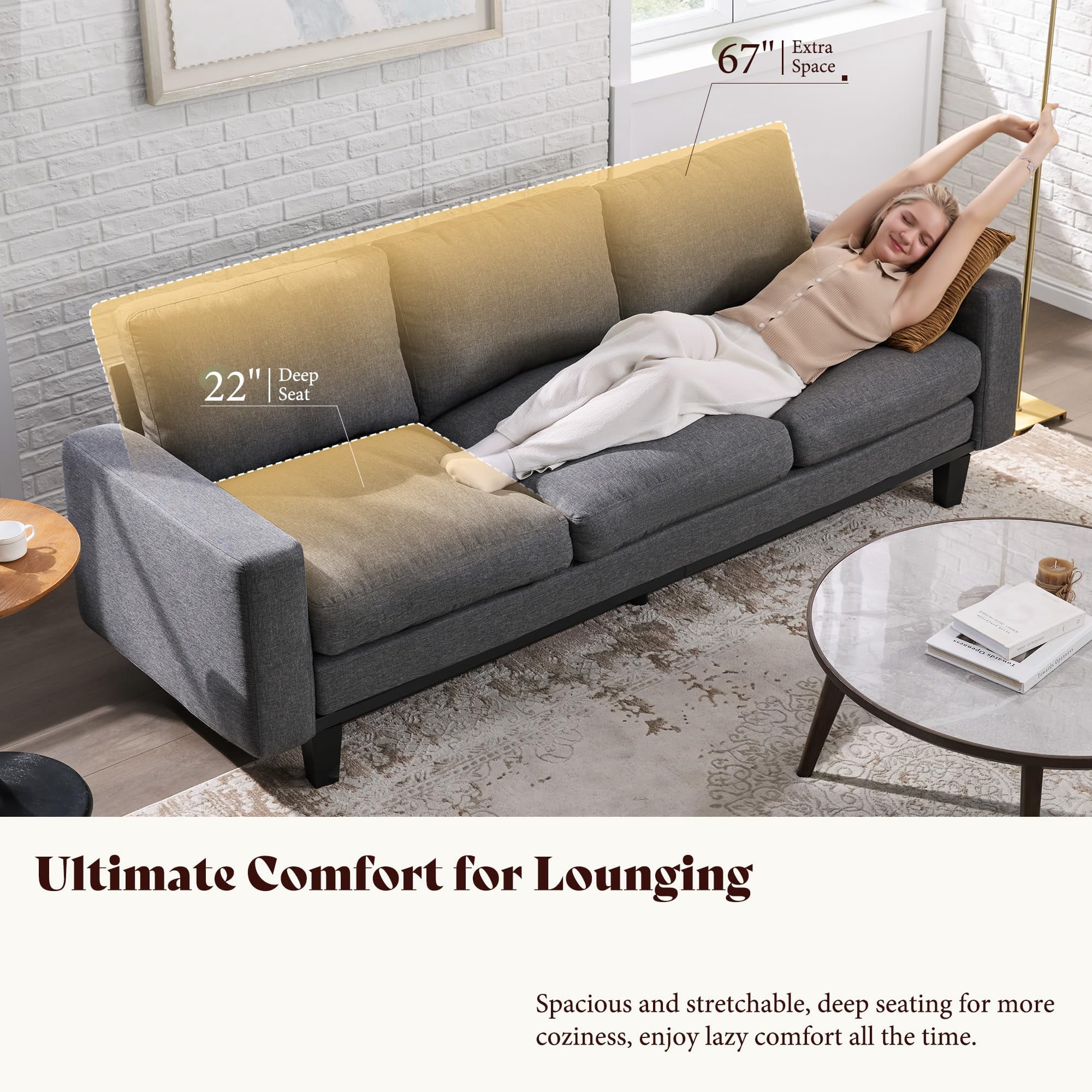 VanAcc 74.8" 3 Seater Sofa with 22" Deep Seat, Grey Couch for Living Room, Full Metal Support, for Bedroom & Apartment, Grey Chenille