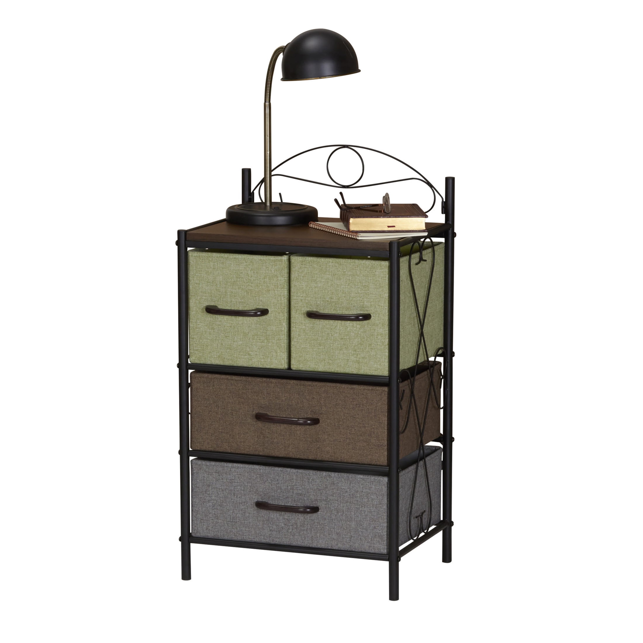 Household Essentials Victoria Dresser Nightstand Storage Organizer with 4 Multicolor Drawers Black Metal Frame and Mid Century Walnut Wood Grain Top