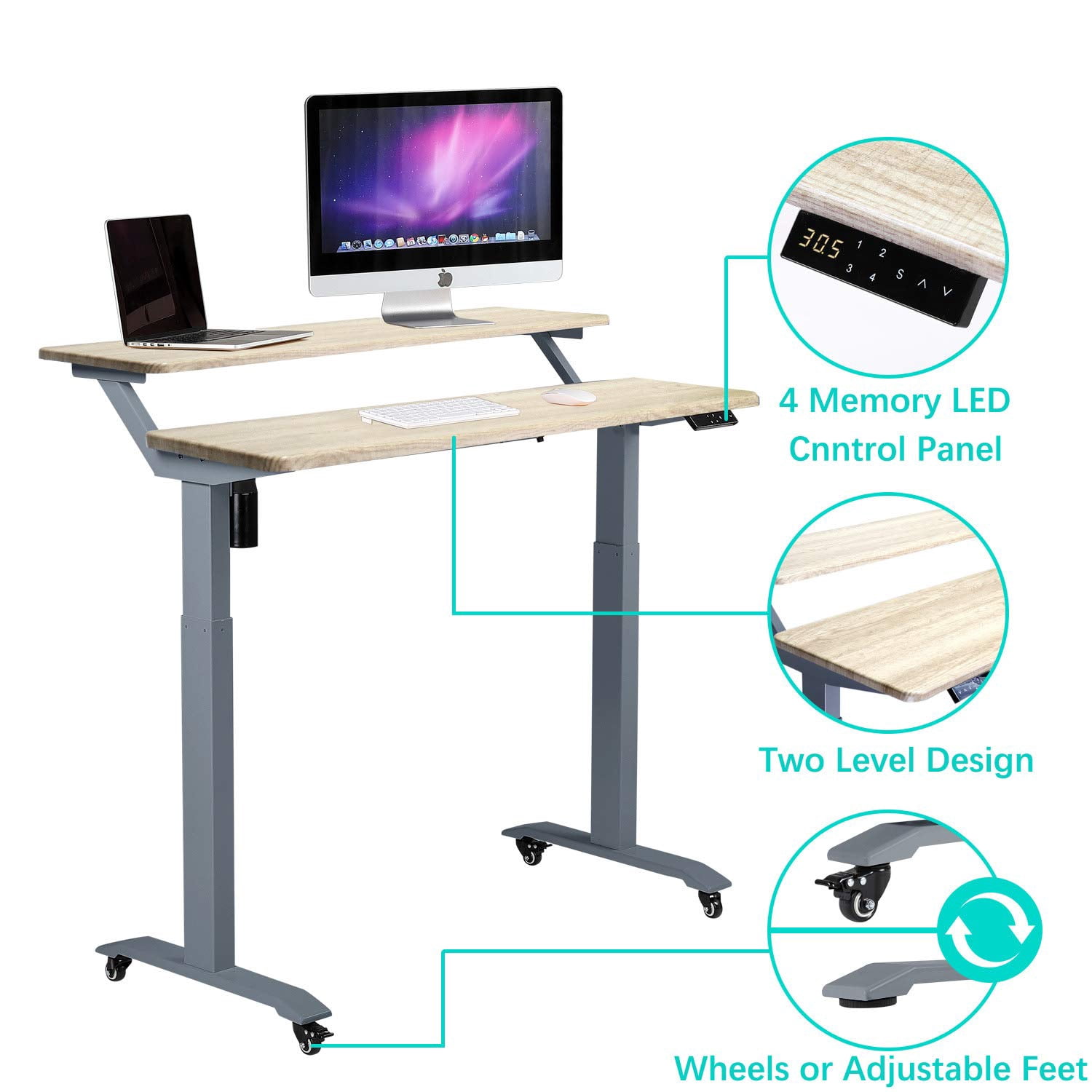 UNICOO® 2 Tier Electric Height Adjustable Standing Desk with Wheels, Electric Mobile Standing Workstation, Sit Stand Desk Home Office Desk Whole-Piece Desk Board 48 * 24 in (KT1002-GG) 2Tier