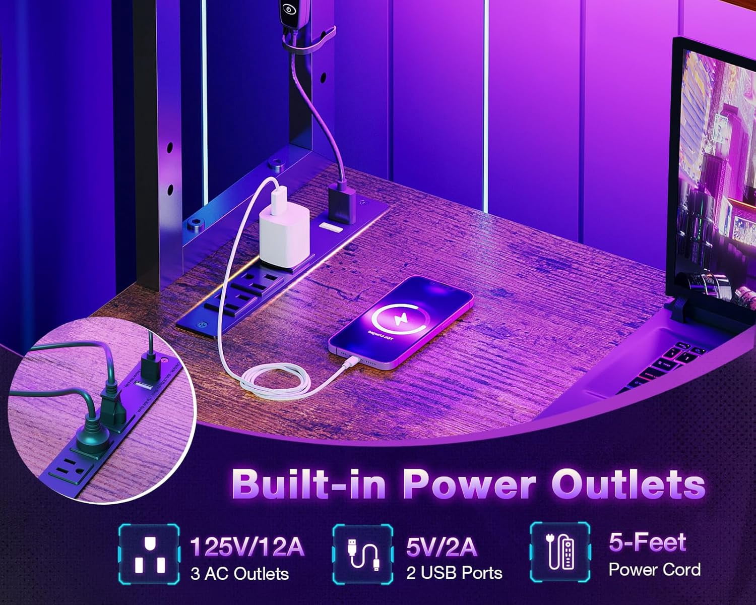 53 Inch L Shaped Desk with LED Lighting, Reversible Gaming Desk with Power Outlets, Cornor Computer Table with Storage Shelves & Bag & Iron Hook, Home Office Table for Writing, Study, Vintage
