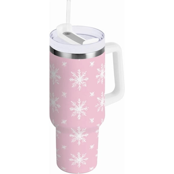 30 oz Tumbler With Lid and Straw - Christmas Snowflake Pink Water Bottle Insulated With Handle, Stainless Steel Fits in Car Cup Holder