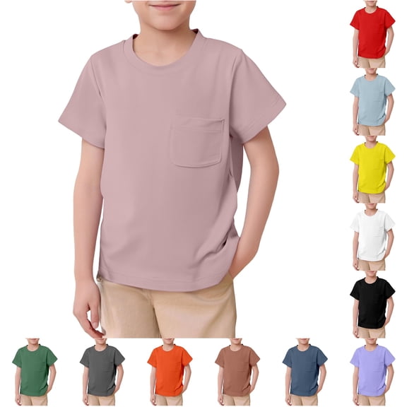 HNMKIU Boys T-Shirts Summer Fashion Solid Short Sleeve Sports Top With Pocket For Daily Wear