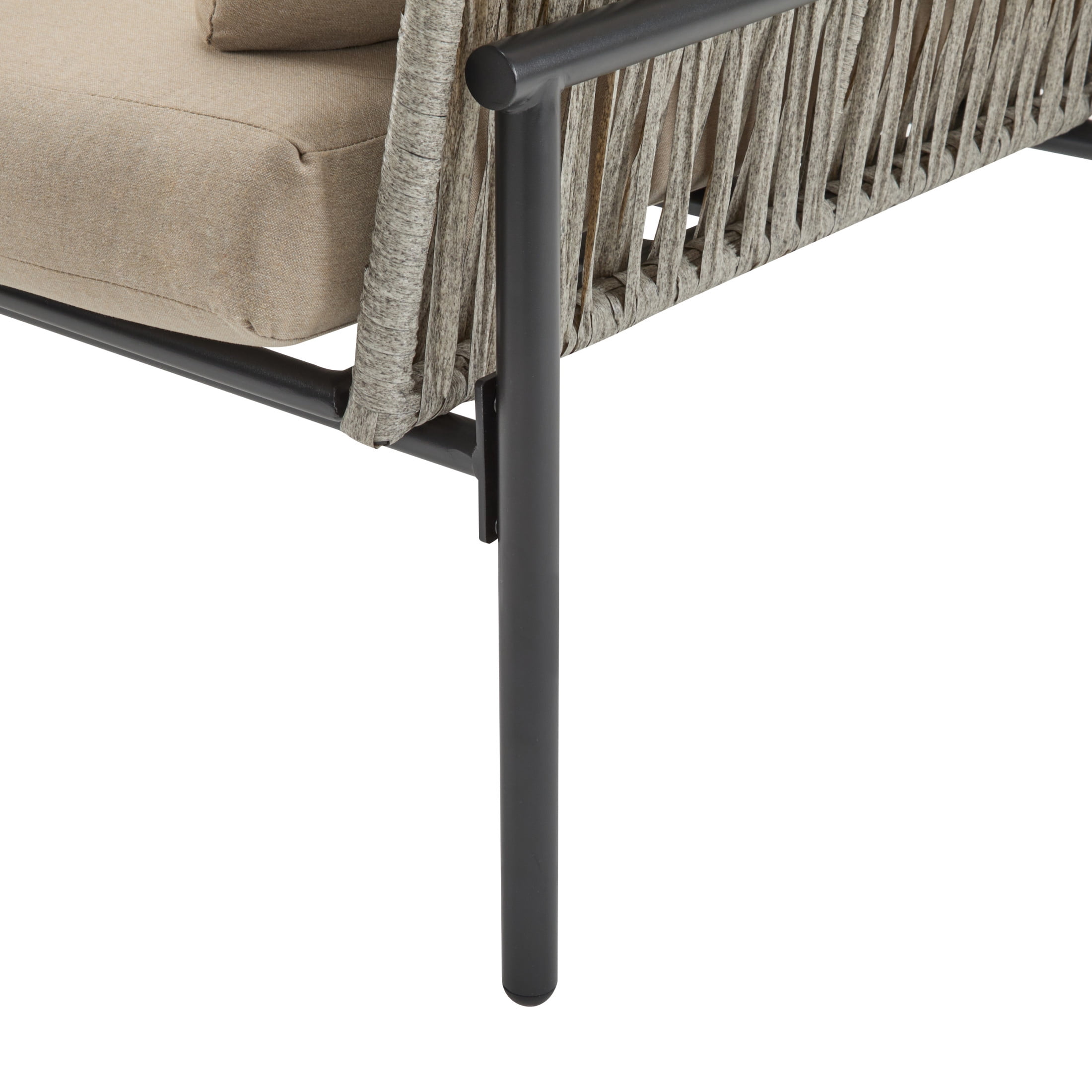 Ryder Modern Outdoor Patio Lounge Chair with Cushions, Rope Accents, Iron Frame, Grey+Beige