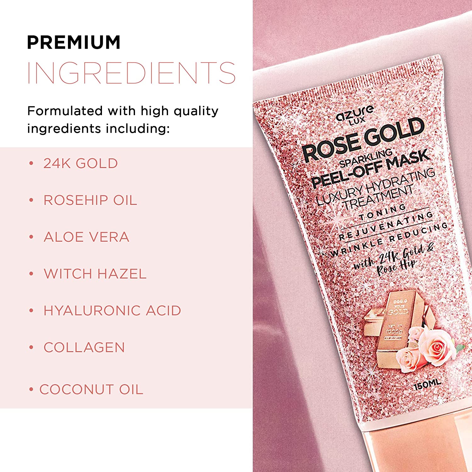 AZURE Rose Gold Hydrating Peel Off Face Mask- Anti Aging, Toning & Rejuvenating - Removes Blackheads, Dirt & Oils - With 24K Gold and Rose Hip Oil - Skin Care Made in Korea - 150mL / 5.07 fl.oz. - image 2 of 6