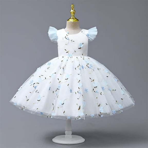 Vedolay Mini Dress Girls Flower Bead Wedding Dress Pageant Tulle Party Gown,Light Blue 130/8Y
