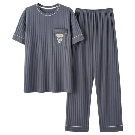 

QWZNDZGR Summer Knitted Cotton Mens Pyjamas Casual Short Tops Lattice Long Pants Sets V-neck Pajamas Fashion Men Sleepwear 5XL Homewear