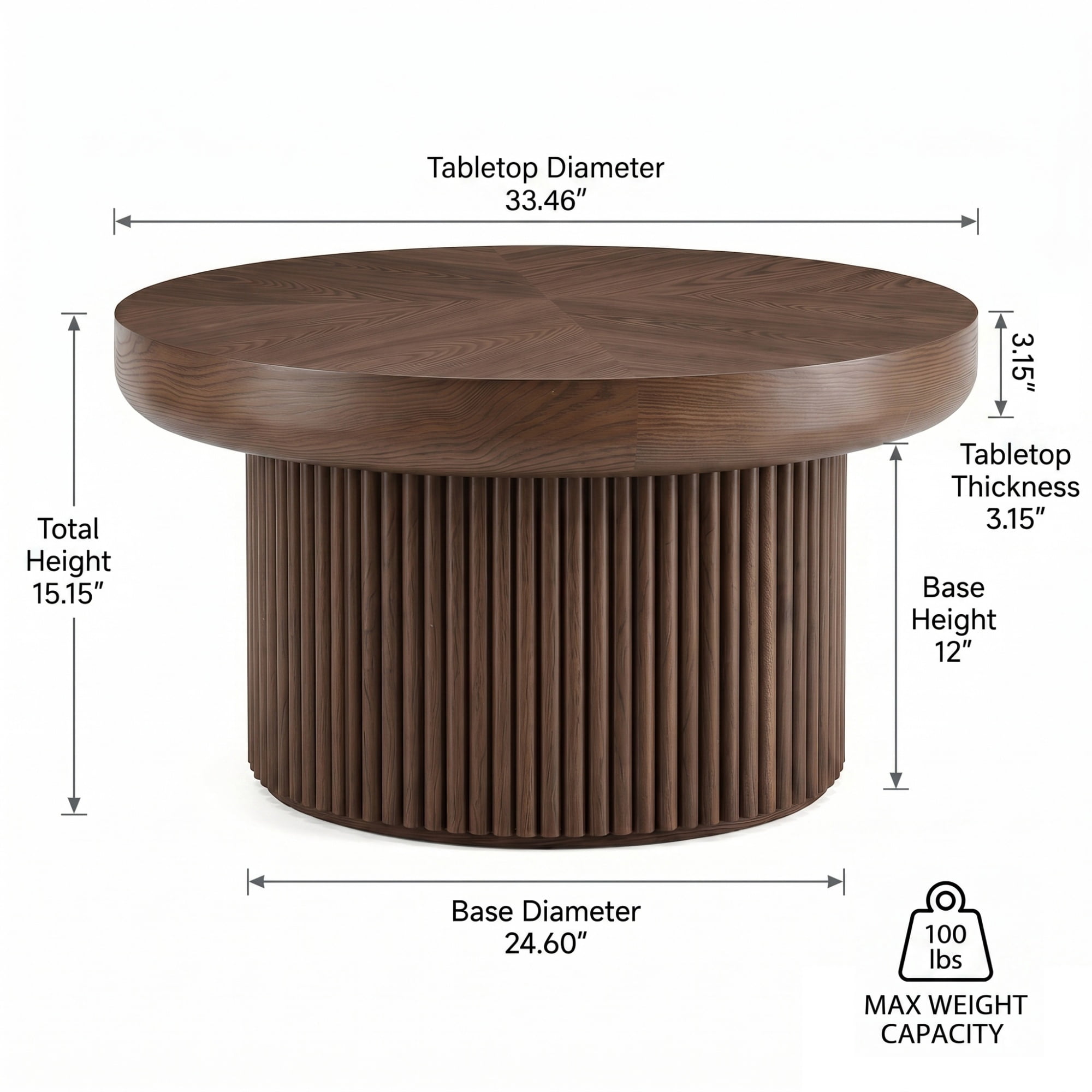 33.46'' Round Coffee Table with Fluted Cylindrical Base, Ash Wood End Table with Thickened Tabletop, Modern Cocktail Table