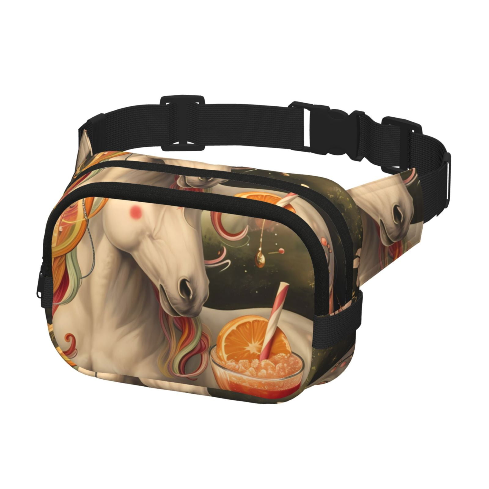 Picia Countryside Fruit White Horse Print Square Double-Layer Waist Bag Mini Adjustable Waist Belt Bag Exercise Running Travel Hiking