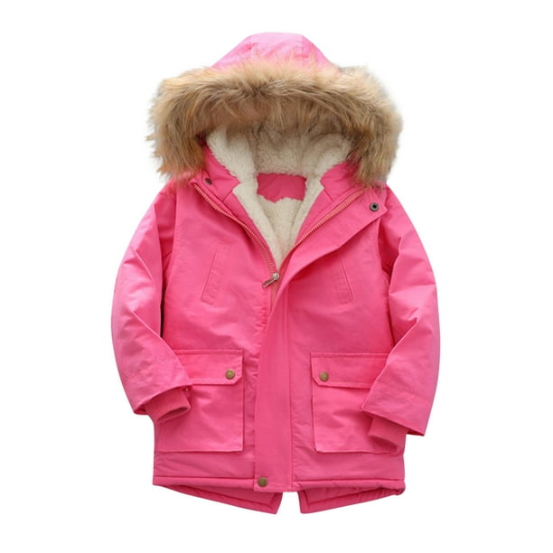 Gibobby Chaqueta de invierno para niñosPar-ka, prendas de vestir exteriores, chaqueta de invierno para niñas, forrada de lana gruesa, abrigo impermeable,(Rosa caliente, 5-6 Años)